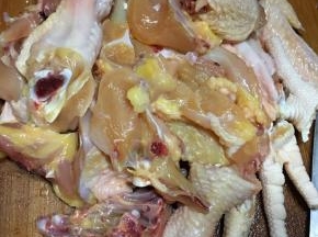 三黄鸡洗净剁块备用。