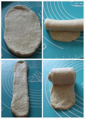 第一次擀卷，取一个面团从中间往上下擀成椭圆形，翻面压薄底边从上往下卷起，保鲜膜覆盖松弛十分钟。第二次擀卷，取一个面团擀成长舌形，翻面压薄底边，从上往下卷起。