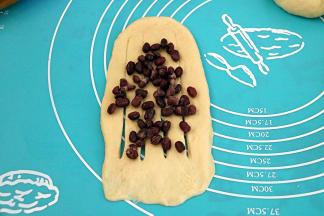 面团上撒上适量的蜜豆，从上往下卷起，把底部收口压紧。