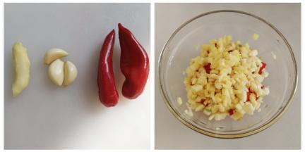 生姜蒜米洗净去皮，分别切成小颗粒