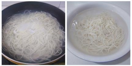 大锅里烧开水放入面条煮到面条熟透，捞出来过凉水