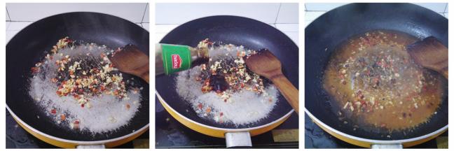 烧热油锅放入植物油，再放入辣椒生姜蒜米，加入蚝油和灼西兰花的热水做汤汁