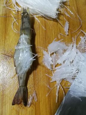 把切断的粉丝塞在虾背上