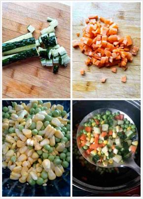 胡萝卜去皮洗净，切丁。
黄瓜洗净后切丁。锅中倒入适量清水烧开，倒入胡萝卜粒、黄瓜粒、甜玉米粒，加适量盐焯水。