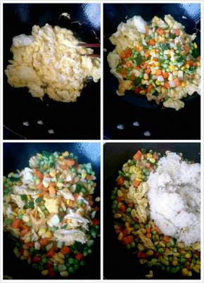 鸡蛋打散成蛋液，锅中倒入适量油，中火烧至7成热后倒入蛋液，筷子翻炒均匀。倒入胡萝卜粒、黄瓜粒、玉米粒，调入盐，翻炒均匀。

