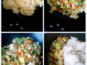 鸡蛋打散成蛋液，锅中倒入适量油，中火烧至7成热后倒入蛋液，筷子翻炒均匀。倒入胡萝卜粒、黄瓜粒、玉米粒，调入盐，翻炒均匀。

