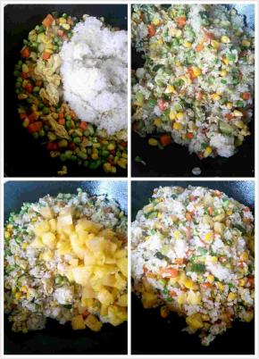 倒入胡萝卜粒、黄瓜粒、玉米粒，调入盐，翻炒均匀。放入菠萝粒，翻炒均匀后盛出，放在菠萝中。