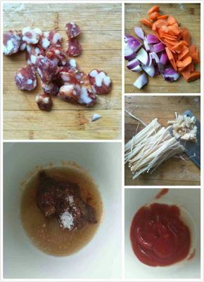 做法:腊肠切片，红萝卜切片，洋葱切片，放小火焯一下备用。金针菇洗净切根。辣子酱，糖，味极鲜搅拌均匀。番茄沙司。