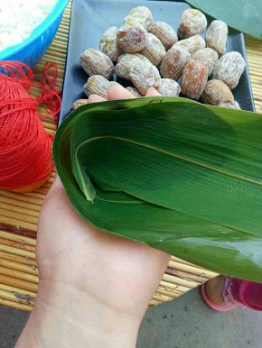 叶子用剪刀剪去叶梗，两片叶子叶梗处重叠一点，然后折出一个小漏斗