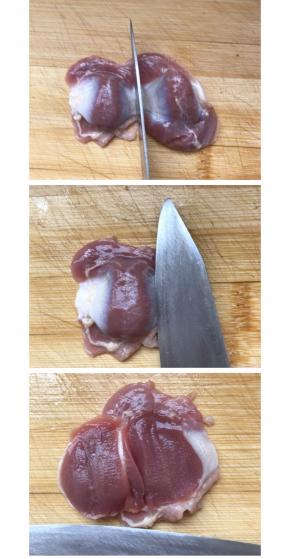 鸡胗处理：洗净，第一种切法是，鸡胗对半切开，然后每瓣都横着切一刀，不切断，然后打开，成薄片