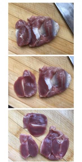 第二种切法：鸡胗比较大或者两个肉包比较厚的，两个肉包分别横着切下来，底下是一大片，把两个肉包再分别横着切开不切断，打开成片状，这样是三片不太厚的肉片。