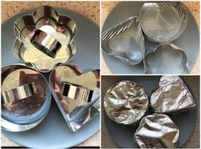 首先说模具，某淘买的法培客牌子的，直径大概不到10公分吧，在模具底部包裹一层保鲜膜，再包裹一层锡纸。方子是三个量