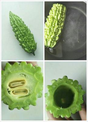 将苦瓜放入锅中，加入少许盐，焯水；焯好的苦瓜放入凉水中浸泡一下。苦瓜切去头尾，从前端用筷子戳穿至尾部将瓜瓤去除干净，苦瓜呈空心状。