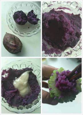 紫薯蒸熟后取出，用捣泥器捣碎成泥状，晾凉后加入少许蜂蜜。用筷子将紫薯泥填入苦瓜中。