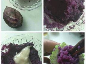 紫薯蒸熟后取出，用捣泥器捣碎成泥状，晾凉后加入少许蜂蜜。用筷子将紫薯泥填入苦瓜中。