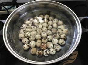 1、把买回来的鹌鹑蛋清洗干净后入锅煮10分钟。