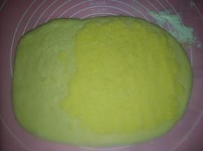 在右侧铺上椰蓉馅（铺满占面团2/3）；