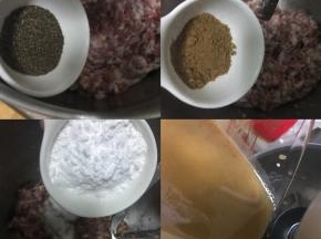 肉馅加入白酒和胡椒粉顺时针搅匀，加入现磨黑胡椒搅匀，黑胡椒用磨桶磨出来的还是粗，我又放料理机打的稍微碎些，加入十三香，糖盐，顺时针搅匀，最后加入淀粉水老抽的混合，顺时针打匀，把肉馅打上劲。