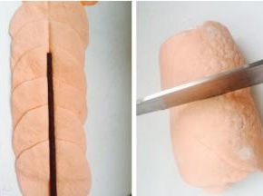 每个玫瑰花要6个面片，把剂子擀成品，如图叠加起来，筷子中间按个印，然后从下到上卷起来，中间切一刀，两边就是漂亮的玫瑰花了