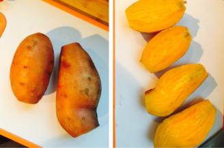 红薯挑选圆滑无磕碰的，表面比较完好的，称量两个，大约500克，对半切开