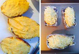 用勺子放回之前挖空的红薯壳中，表面稍微刮平，用锡纸双层折一个小盒子，把红薯放锡纸盒中，避免烤的时候流出或者变形。另外准备一些马苏里拉芝士碎撒表面。烤箱预热，180度5分钟。出锅趁热吃哦