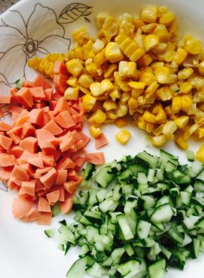 黄瓜，火腿肠，切碎，玉米是熟的