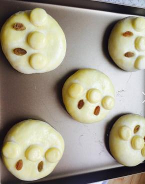 放到温暖出进行二次发酵，发酵完成后，表面刷蛋液，找葡萄干，放眼睛处。