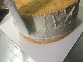 280g奶油是有剩的，将剩下的奶油简单抹面补漏……然后把蛋糕放冰箱冷藏（我是分2次抹面的，第一次简单抹面为了防止抹面过程中蛋糕的皮屑影响抹面的完美）