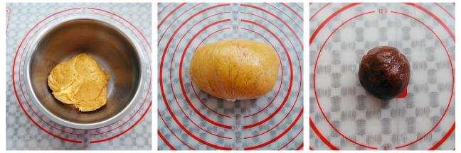 面团混合到没有明显干粉，分2个面团，取40克面团加入5克可可粉揉均匀，分别装入保鲜袋，冰箱冷冻30分钟（或者冷藏一小时左右）