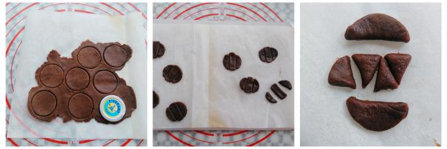可可面团擀成圆饼，用小号圆形工具印出8个饼胚，再用小刀把饼胚切成2个小半圆做嘴巴，中间长条切成三角形做眼睛（，也可以继续擀出来做南瓜饼干）