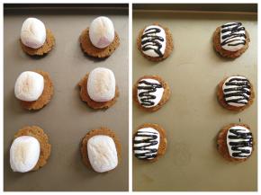 160度，6分钟烤到棉花糖轻微开裂，颜色微微发黄取出烤盘，每个棉花糖上面淋上巧克力酱