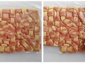 边角碎料利用起来，把边角塞回被挖空的地方，再次印出形状，尽可能的全部利用起来