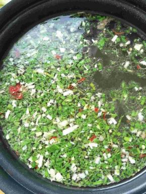牛肉汤底中火烧开加入葱花，蒜苗花，胡椒粉，姜粉，盐，鸡精调味，红辣皮碎撒一点。