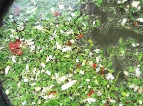 牛肉汤底中火烧开加入葱花，蒜苗花，胡椒粉，姜粉，盐，鸡精调味，红辣皮碎撒一点。