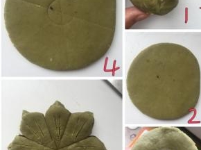 1：两段合并收口
2:收口冲上，擀成薄皮，圆形
3：包裹馅料
4：包口冲下，擀成圆形
5：找个直径两厘米的，我用的香草精的盖子，在中间轻压一下有个印迹，表示中心圓，分成6或8份，除了圆心的地方，其他切断，用手指掐出一个小角角，花朵的形状，然后每个花瓣上面划两刀
