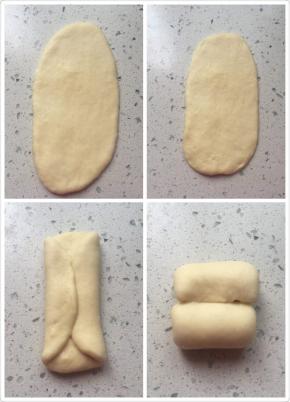 取一个面团擀成椭圆形，再稍微整成长方形，如图所示整形，放在烤盘里