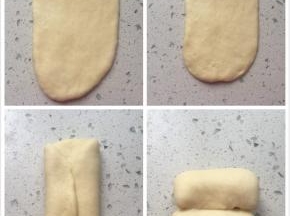 取一个面团擀成椭圆形，再稍微整成长方形，如图所示整形，放在烤盘里