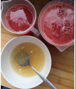 西瓜汁取600毫升左右，加水100毫升，加糖20克，搅匀备用，过滤一下
吉利丁粉用水溶解搅匀备用