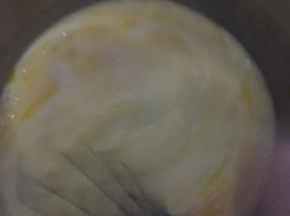 鸡蛋、白糖、香草精、炼乳、牛奶、混匀，将融化的黄油稍微凉一些，缓慢倒入蛋黄糊中，边倒边搅匀，直至混匀