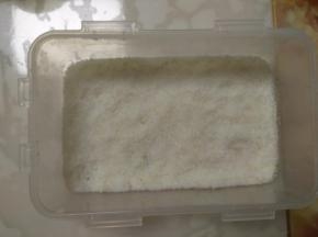 在方形容器底部铺一层椰蓉。