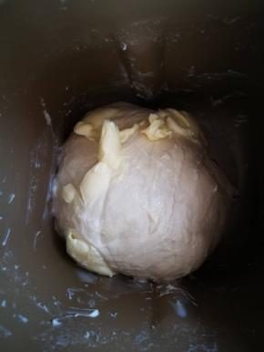启动揉面程序 时间依个人面包机而定，一般是20分钟左右，面团表面光滑了，这时加入软化的黄油和盐