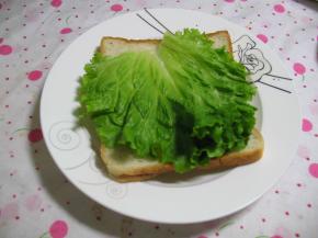 先把生菜放到一片土司片上