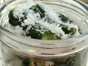 黄瓜摆到容器口，压实，撒糖。