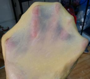 2、面团继续揉至完成阶段（能抻出大片结实的薄膜，戳个洞，洞口呈光滑状）