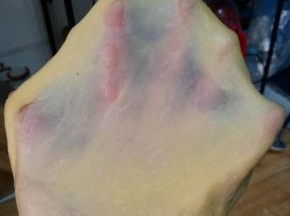 2、面团继续揉至完成阶段（能抻出大片结实的薄膜，戳个洞，洞口呈光滑状）
