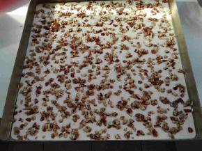 倒入一半搅拌均匀的糊，均匀撒上红枣碎