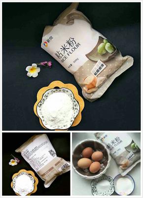 包装正面写明用粘米粉可以做什么，背面生产日期，条形码，二维码，营养成份表，详尽明了，一大包能用好几次。