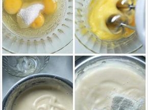 做法；鸡蛋加糖搅拌，用打蛋器高速搅打蛋液，打至蛋液蓬松打蛋器画字不会消失，加入粘米粉和奶粉用翻拌的手法搅拌均匀