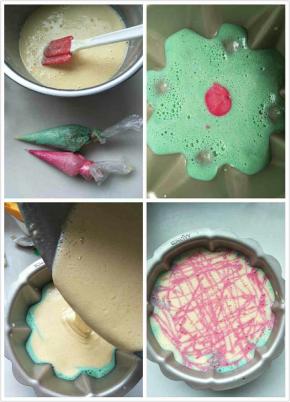 分两小份面糊。没有称量，加一点食用色素绿色和粉色。我用的阳晨六寸花型蛋糕模，不用抹油，底面绿色全部挤玩，中间加了粉色。剩余的原味面糊全部倒入，表面挤上剩余的粉色。用筷子搅一下。