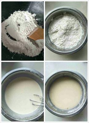 1、准备手粉： 取适量糯米粉，用干净的炒锅慢火炒至微黄色（千万不要炒焦，要用小火炒），取出备用；
 2、细砂糖用热水化开，除黄油外所有材料混合均匀成无颗粒的粉浆；
 3、将粉浆入蒸笼，大火蒸 30分钟至熟；